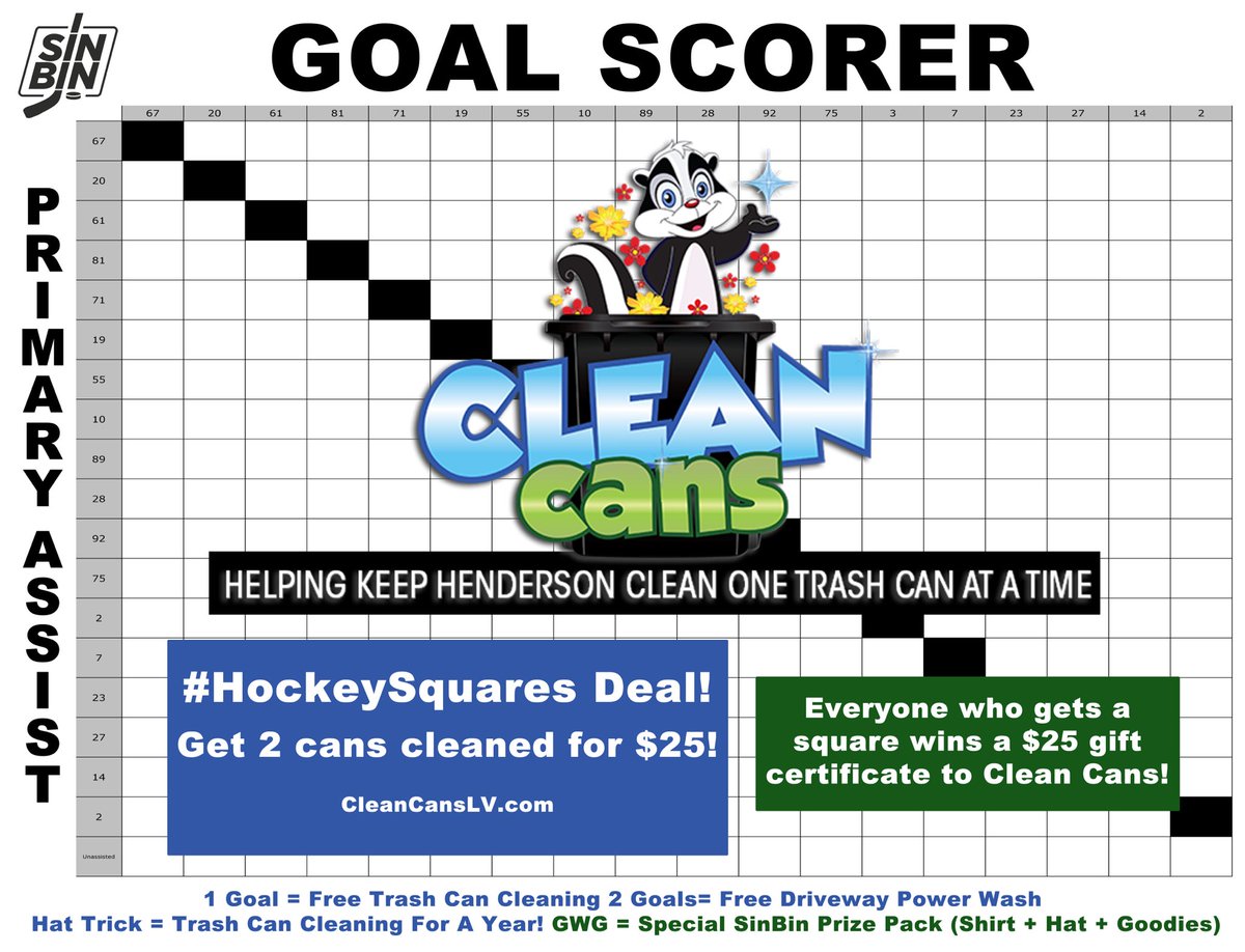 SinBinVegas's tweet image. #HockeySquares! 

Today's game is brought to you by CleanCansLV.com, the best trash can cleaning service in the valley.

RT to enter and you can win just by being one of the 324 selected! Free services for goals.

Plus, a special SinBin prize pack for the GWG. Good luck!