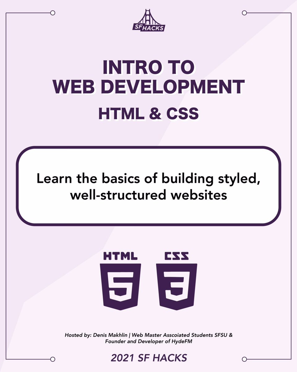 SF_Hacks's tweet photo. Hey hackers, join us today to learn the basics of web development and building styled, well structured websites using HTML &amp; CSS! This workshop will be hosted by SF Hacks Digital Graphic Designer!! 🌉🐊🐊

#sfhacks #sfsu #workshop https://t.co/6oaRiHjD8K