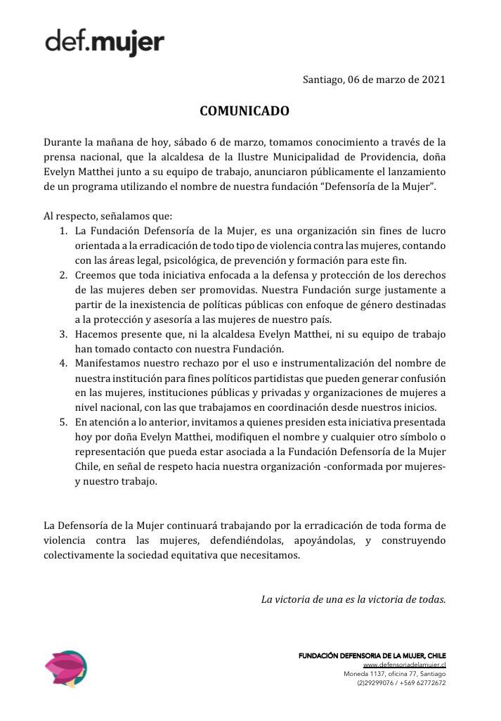 Defmujerchile's tweet photo. COMUNICADO DEFENSORÍA DE LA MUJER CHILE https://t.co/NvzTrnx9E5