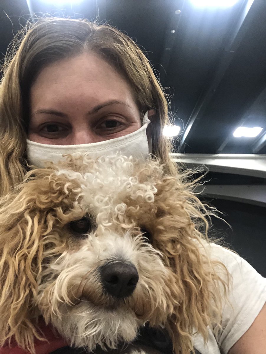 larabazelon's tweet image. Shot number 1!  Thank you, Moscone Center for letting me bring Kittle. #gettingvaccinated