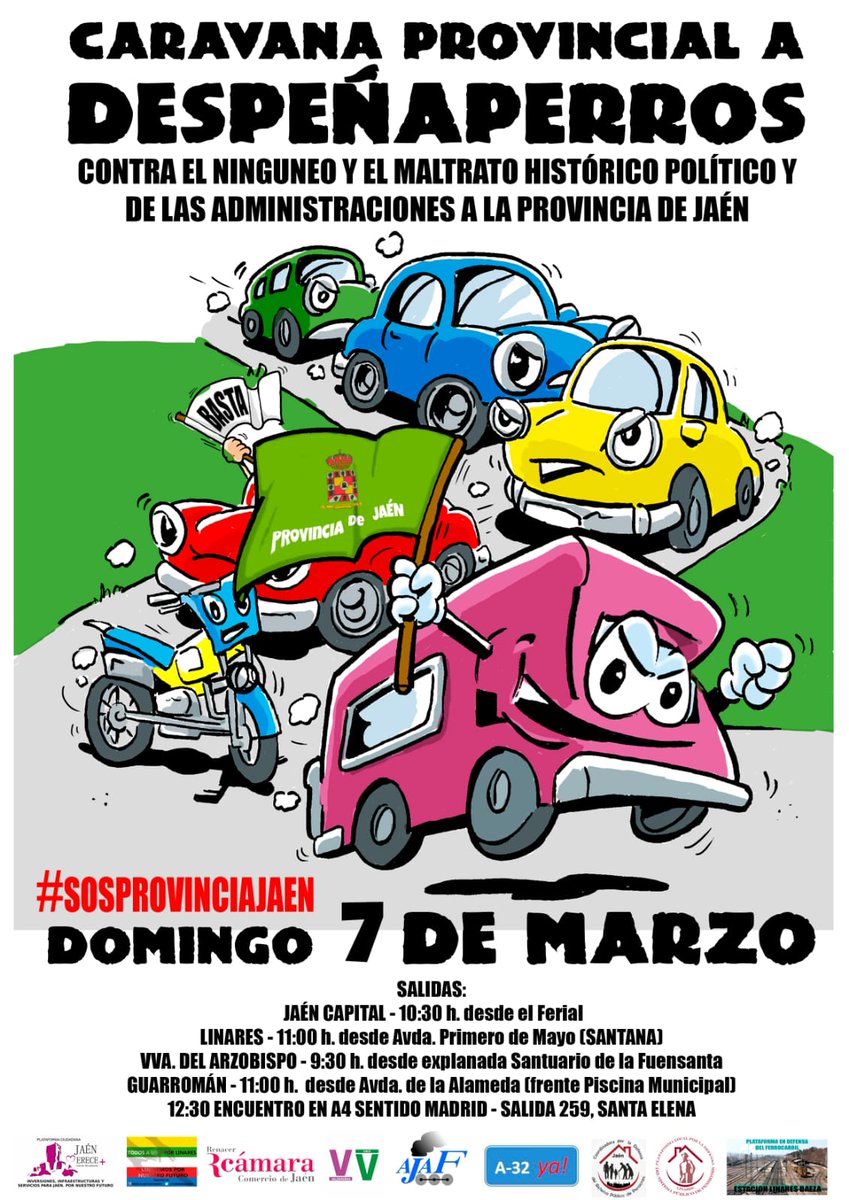 Llegó el día: a #Despeñaperros. Hora y salida caravanas en cartel. Encuentro común y con #televisiones en A4 salida 259 a las 12:30. ¡¡Vamos #Jaén. #SOSPROVINCIAJAEN
<a href="/OrgullososdJaen/">Orgullosos de Jaén</a> <a href="/CondondeJaen/">Condón De Jaén </a> <a href="/Piturdajaen/">Piturda</a> <a href="/JaenSquare/">JaénSquare ©</a>