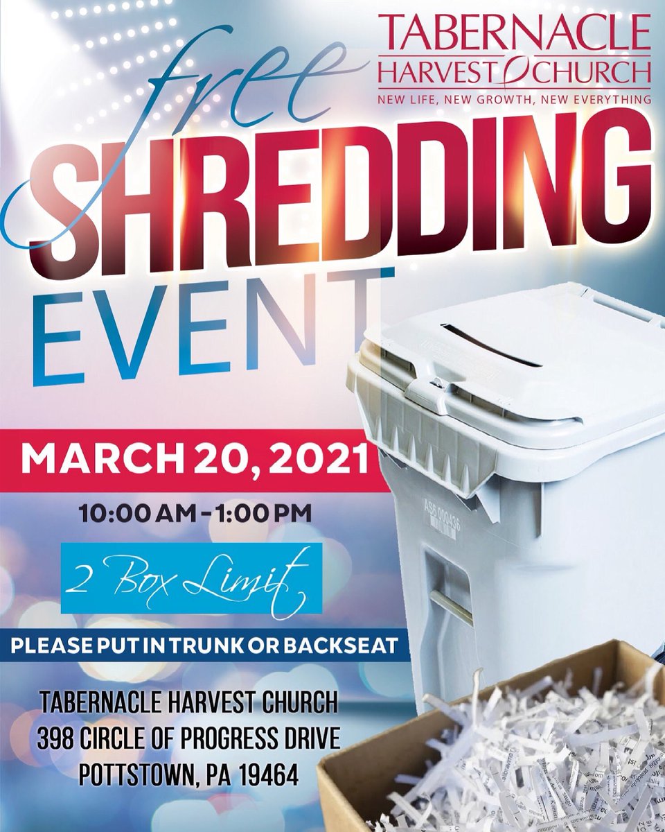 THarvestChurch's tweet photo. Spring is Coming! Clean out the OLD to make room for the NEW. Join THC for a Free Community Shredding Event March 20th 10:00AM- 1:00 PM 
Maximum of two boxes. https://t.co/FzDQl8eOJV