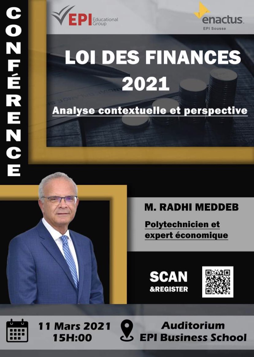 Je serai le jeudi 11 mars à partir de 15 heures à EPI Business School à Sousse pour donner une conférence sur la loi des finances 2021: analyse contextuelle et perspectives. 
 #budget #crise #fmi #imf # #tunisie #inclusion