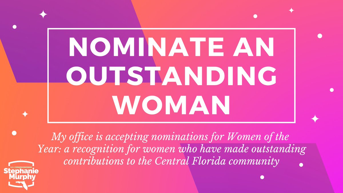 Know an outstanding woman making a difference in Central Florida? Nominate her to be one of our Women Of The Year!

Fill out the short form at murphy.house.gov/WomenOfTheYear before March 24. 

#FlaPol #WomensHistoryMonth