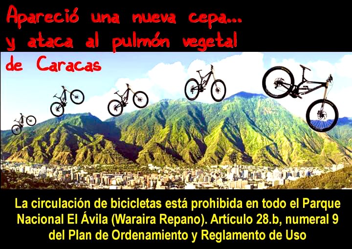 sunepinparques2's tweet photo. #Atencion APARECIÓ UNA NUEVA CEPA Y ATACA EL PULMÓN DE #Caracas bajo el #SilencioComplice d los Jefes de #INPARQUES  la circulación d bicicletas está expresamente prohibida en el Art.28.b numeral 9 del Plan d Ordenamiento y Reglamento d Uso del PN ElÁvila #PNElAvilaSinBicicletas https://t.co/Q5djt3Z7jG
