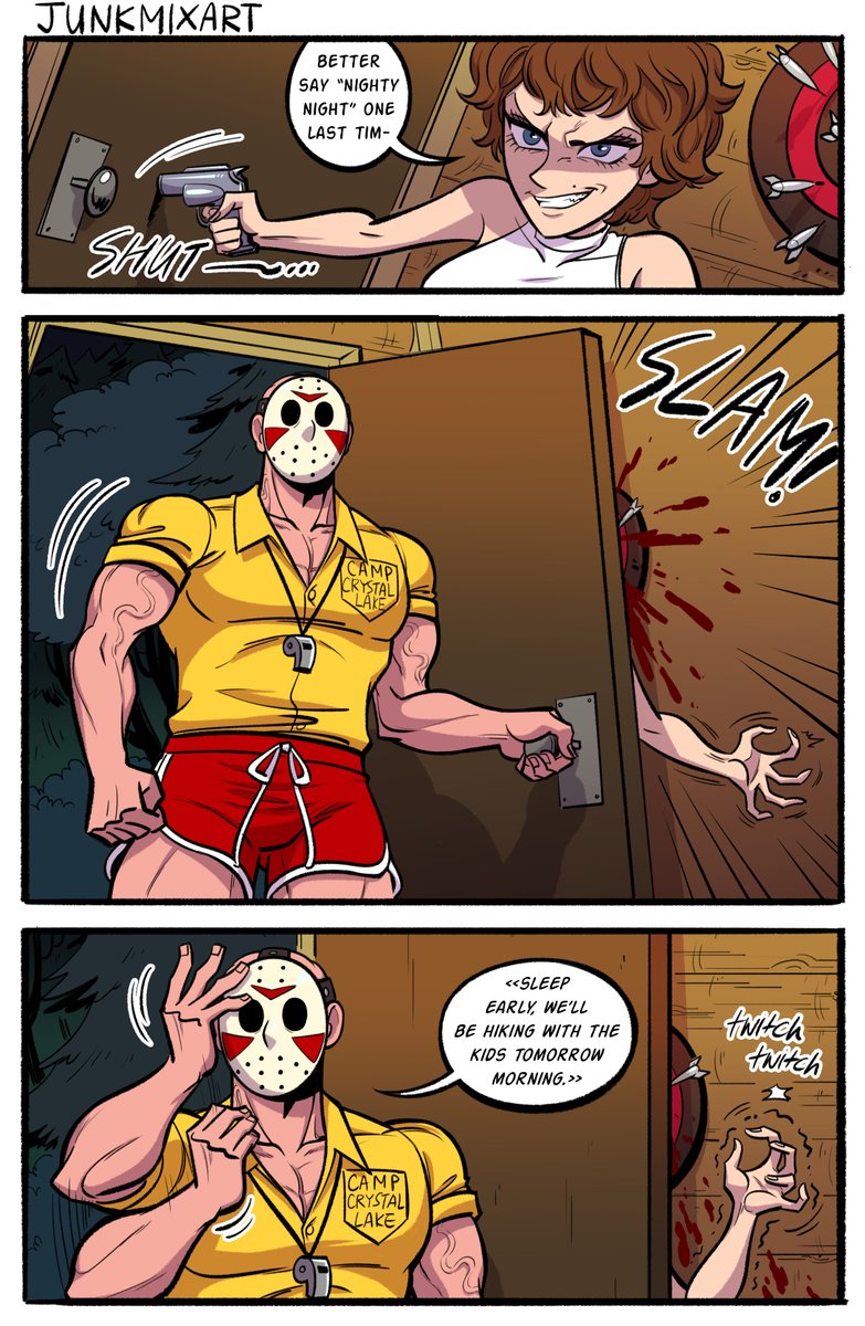 junkmixart's tweet photo. Camp Counselor Jason kills (part 2)
Jason also hit the bull's eye!🎯 RIP Sadie you will not be missed~

(TW// gore, blood) https://t.co/R7WbK6auUV