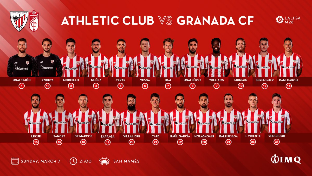 SQUAD LIST I The 2️⃣3️⃣ lions called up by Marcelino for tomorrow night's match against <a href="/GranadaCF_en/">Granada CF 🇺🇸🇬🇧🇮🇪</a> at San Mamés 👇

#AthleticGranada #AthleticClub 🦁
