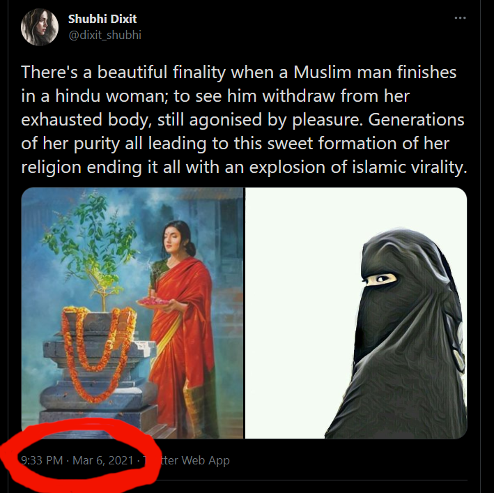 capturedqueen's tweet photo. Look how shameless this @dixit_shubhi is. Blatantly stealing the fine works of other people to get attention for it. And when I said her plagiarist behaviour is the reason that quality interfaith/race are hard to find, she blocked me to keep people from knowing her reality. https://t.co/8k0AfTJPwW
