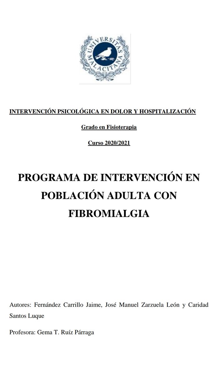 Jaime7Fdez's tweet photo. [HILO] Programa de Intervención en Población Adulta con #Fibromialgia Realizad por estudiantes de 4°de #Fisioterapia @UMACiencias
Dar las gracias a @MarFloresCortes por su colaboración e inspirarnos https://t.co/2LP3qqNoLN