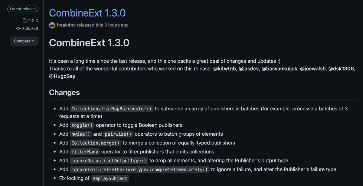freak4pc's tweet photo. 📢 CombineExt 1.3.0 is out with a ton of new great additions 💪
Check it out: https://t.co/54bhk17Hei
Thanks to @jasdev, @_nabech, @basvankuijck, Joe Walsh, Dmitry Kuzentsov and @Hugo_Saynac for their help in shipping this! 💪💯
#iOSDev #AppleCombine #Combine #Swift https://t.co/zQyPNKoyup