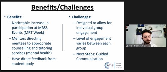 carmen_chan1's tweet photo. Matthew Magliozzi, president of the MRSS Student Society @MichenerInst discusses the Atoms #Mentorship initiative. With a 81% satisfaction rate, students felt professionally socialized and recommend the continuation of the program! #studentexperience  #RTi3Conference https://t.co/QNRbNGl1qJ
