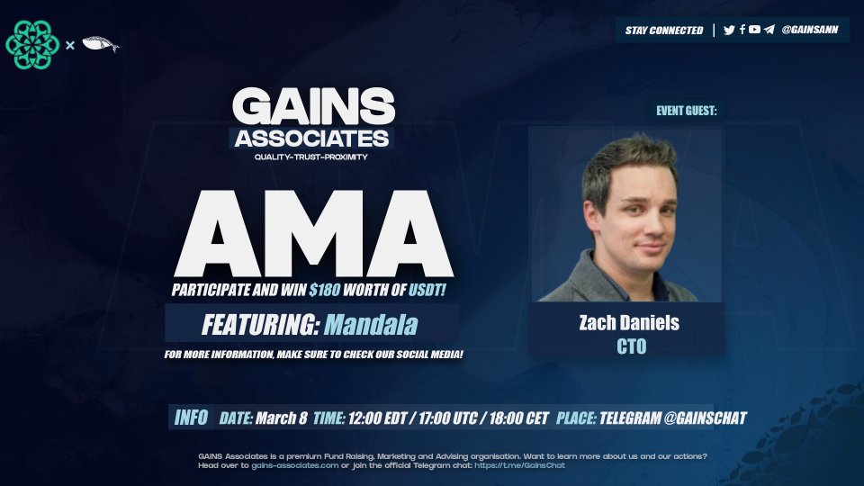 GainsAssociates's tweet image. Welcoming Zach Daniels from @MandalaEx — QUIZ &amp;amp; AMA
Ask questions below now and on Telegram (t.me/GainsChat) on D-day for a chance to win one of the $15 $USDT prizes!
in order to win, retweet this message and tag 2 friends.
#crypto #blockchain #GAINSAMA #exchange
