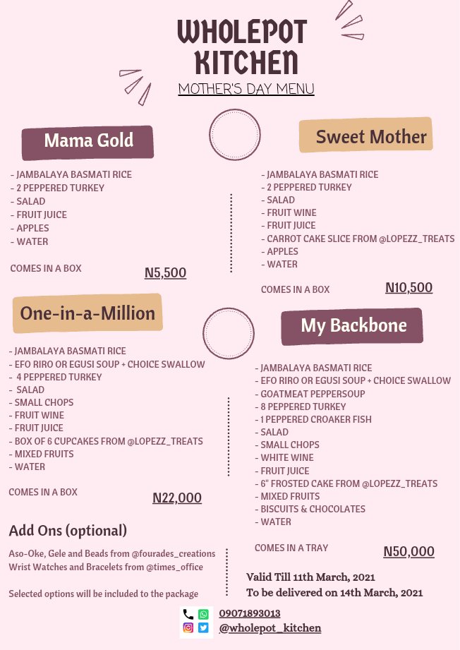 wholepotkitchen's tweet photo. Our Moms are everything!! So many sacrifices just to make us happy. How they show thier strength and never give up in the face of challenges. Now it's time to celebrate them!
_____________________________
#SHUTDOWN | #taylorlive | Biyi | Tems | Sapa | Amala | Daddy Freeze | #tiwa https://t.co/0z7l1I5oF6