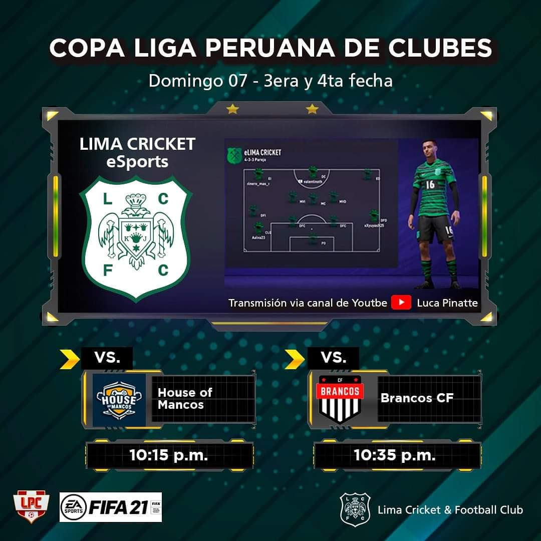 Liga Peruana de Clubs Pro - LPC
🟢 Domingo 07 de marzo
⚽️10:15 p.m. Lima Cricket eSport VS. House of Mancos
⚽️ 10:35 p.m. Lima Cricket eSport VS. Brancos CF
Link de la transmisión: youtube.com/channel/UCL2hH…
¡Vamos Lima Cricket! 🍀
#LimaCricket #EsportsTeam
#Esports #EsportsGaming