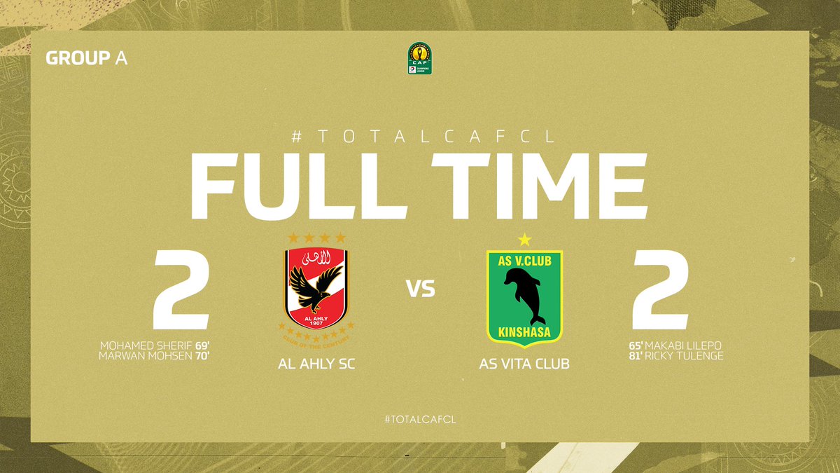 CAFCLCC's tweet photo. ⌚ FULL TIME!
🇪🇬 @AlAhly 2 - 2 @AsVitaOfficiel 🇨🇩
The Congolese side snatch an important 2-2 away draw against reigning champions Al Ahly.
#TotalCAFCL | #ASCASV https://t.co/wZdziiBUJk