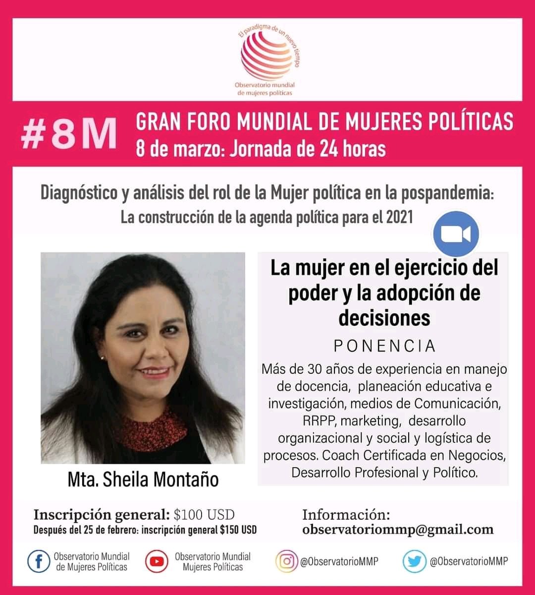 Te presentamos a <a href="/sheysentidos/">SheilaMontaño</a> que se suma al equipo del #Foro8M y nos propone dialogar acerca de la Mujer en el ejercicio del poder y al adopción de decisiones.
No te la pierdas!!!

Súmate al #Foro8M
Te esperamos 👍
