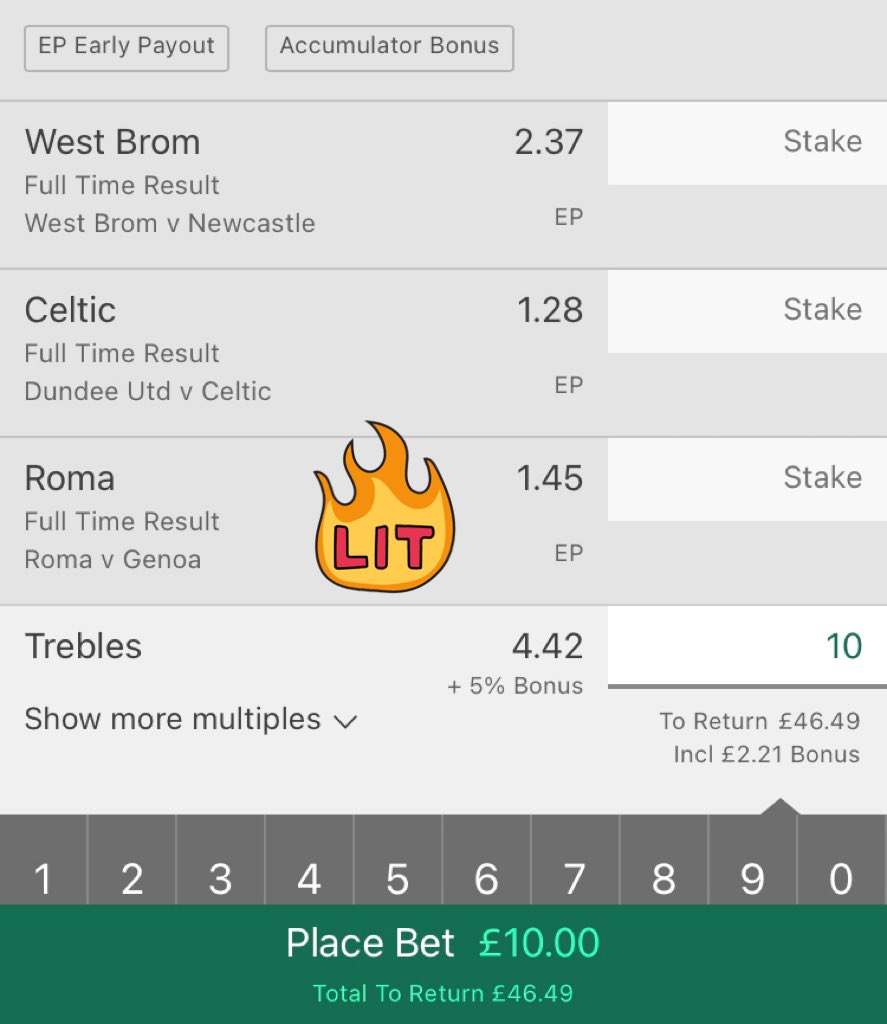 FootytipPremier's tweet photo. Sunday afternoon acca: β½οΈπ€
West Brom
Celtic
Roma
All to win β¬οΈ 7/2!! π
#footballtips #footballacca #soccerpicks #gamblingtwitter #freepicks #bettingtips #Lockdown #socceracca #sundayvibes #SundayFunday #WBANEW #DundeeCeltic #RomaGenoa #WBAFC #Westbrom #roma #soccer https://t.co/SYXNDjoJiF