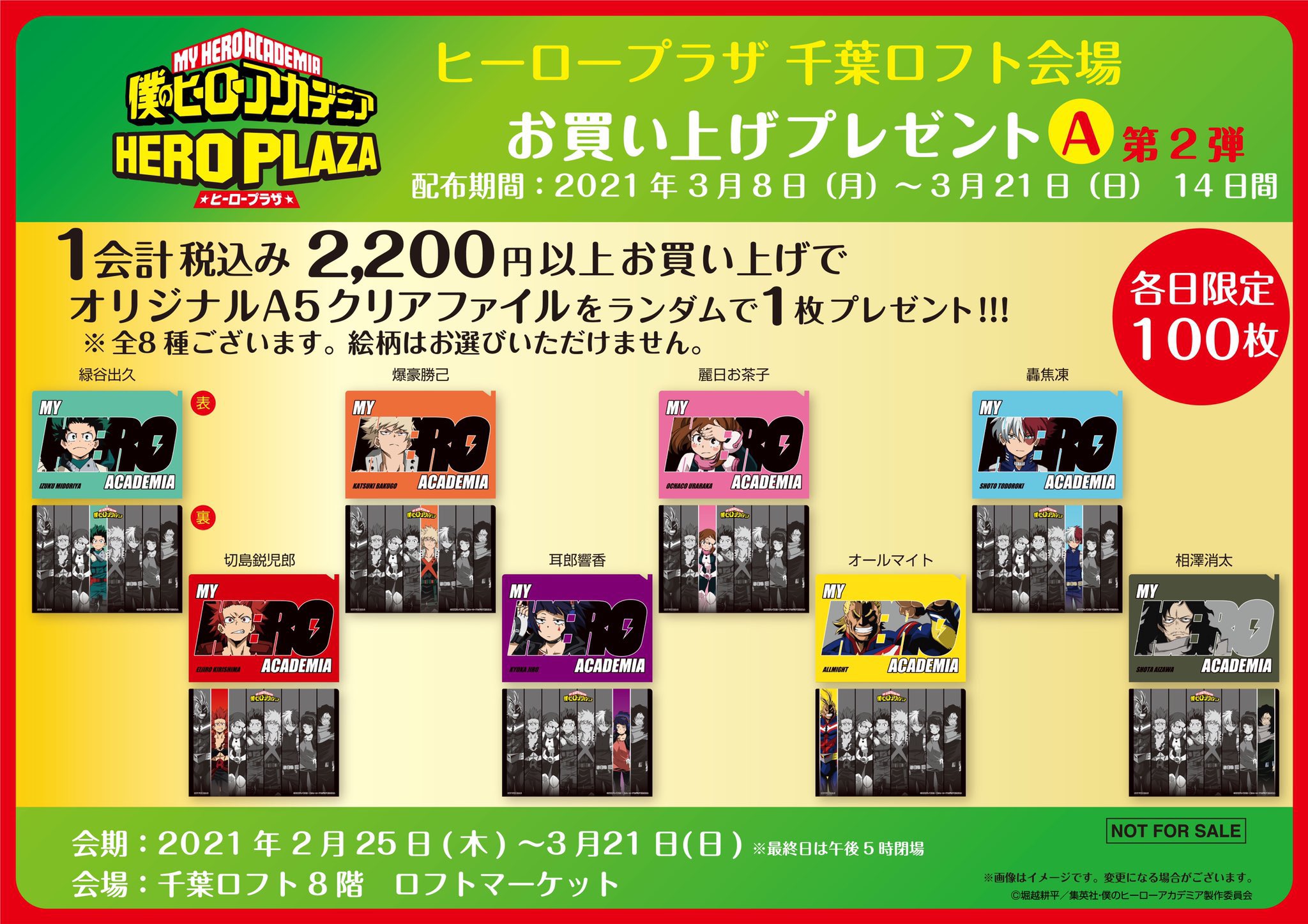 僕のヒーローアカデミア ヒロアカ ヒーロープラザ Twitter Da 千葉ロフト会場 ノベルティ切り替え 明日3 8 月 より税別2 000円以上のお買い上げノベルティの内容が切り替わります 3 8からのノベルティは A5クリアファイルを全8種よりランダムで1枚
