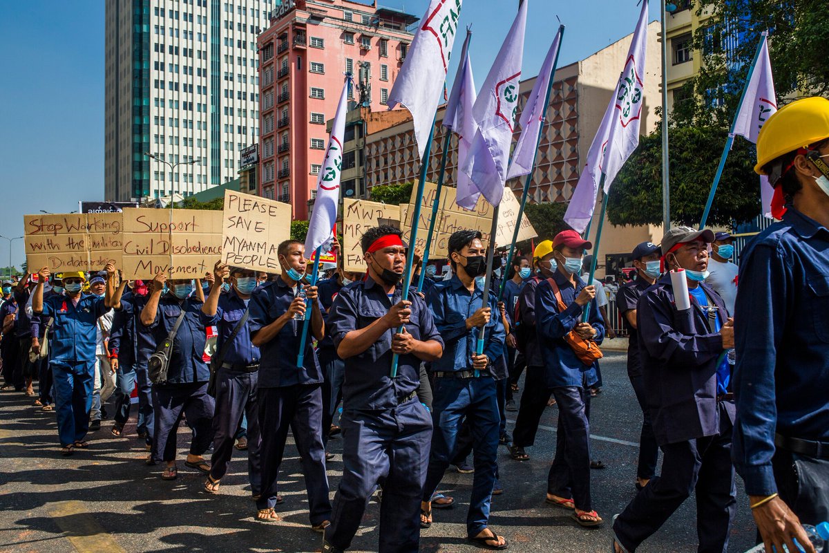 KenRoth's tweet photo. The Myanmar generals "surely did not expect" their coup "would ignite so much resistance among those responsible for the functioning of society: diplomats, teachers, doctors, railroad workers, bank tellers, power station employees, even police officers." https://t.co/8lvyKtMxud https://t.co/FDoDlwCixh