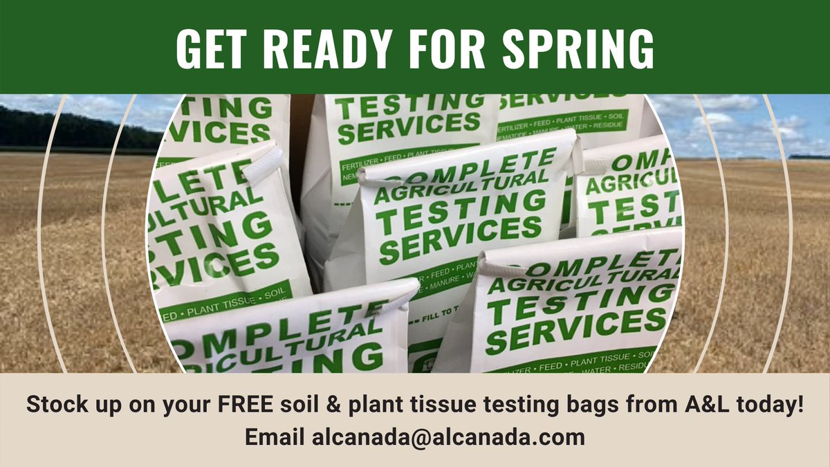 GET READY for SPRING & STOCK UP

✅ A&L Soil Sample Bags
✅ A&L Plant Tissue Bags

Order your FREE bags from A&L Labs today!
Email alcanadalabs@alcanada.com

#soiltesting #soilsampling #tissuetesting #cropnutrienttesting #ontag #westcdnag #eastcdnag #cdnag #plant21