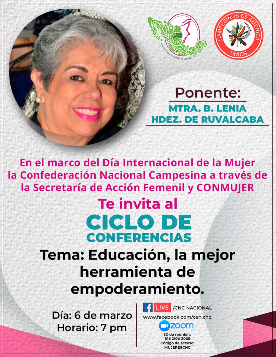 CNC Oaxaca (@cncoaxaca_) on Twitter photo Este sábado los esperamos a las 19:00 horas en la página oficial de Facebook de la <a href="/CNC_CEN/">CEN_CNC</a>
Mtra. B. Lenia Hernández de Ruvalcaba, con el tema: "Educación, la mejor herramienta de empoderamiento". 👇
<a href="/AmandoBohrquez3/">Amando Bohórquez</a>
<a href="/LetyBarreraM/">Leticia Barrera</a> Este sábado los esperamos a las 19:00 horas en la página oficial de Facebook de la <a href="/CNC_CEN/">CEN_CNC</a>
Mtra. B. Lenia Hernández de Ruvalcaba, con el tema: "Educación, la mejor herramienta de empoderamiento". 👇
<a href="/AmandoBohrquez3/">Amando Bohórquez</a>
<a href="/LetyBarreraM/">Leticia Barrera</a>
