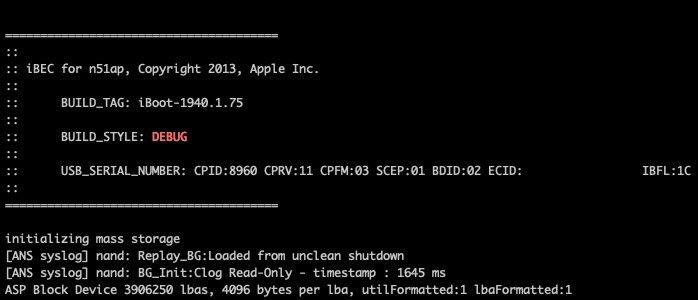 URedditor's tweet photo. DEBUG type #iBEC 

 - #iBoot-1940.1.75 (#iOS 7.0.1)
 - compiled by #Apple
 - running on an N51AP (#iPhone 5S) ⚙️🙂

Debug bootchains are often found in internal UI builds of iOS, along with other types. 

#AppleInternal https://t.co/0mhv9LOQlZ