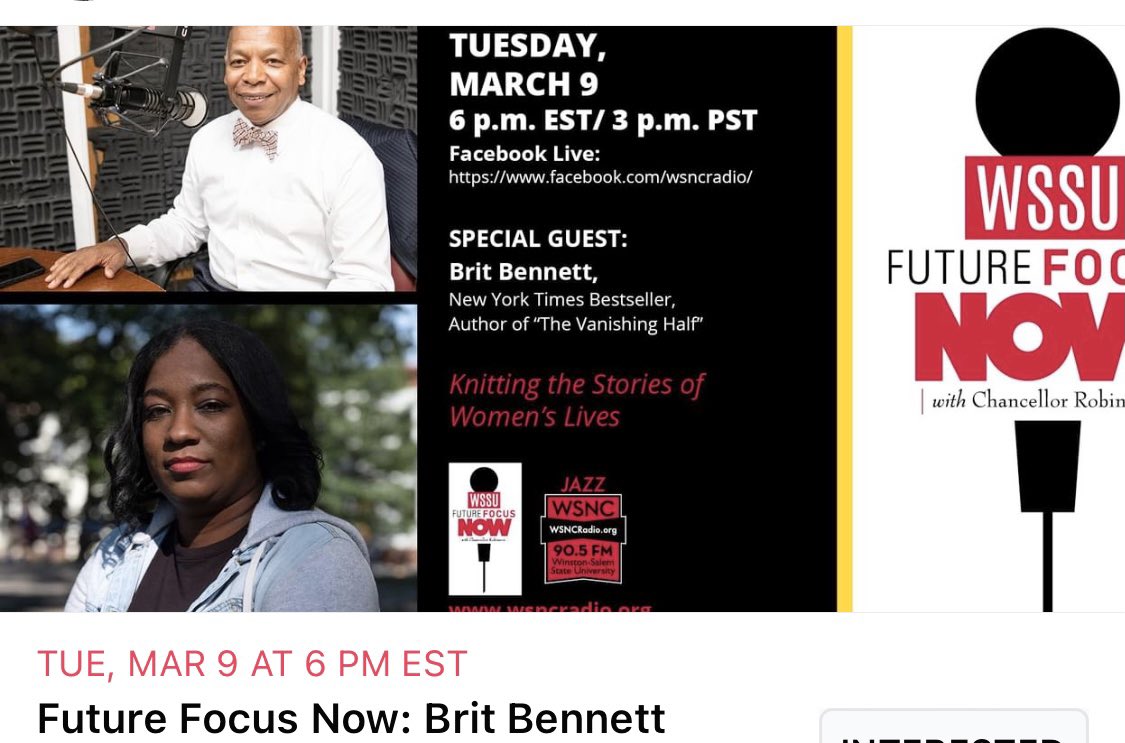 elwoodrobinson's tweet photo. #BookClub #Vanishinghalf Join me Tuesday for a very special conversation with @britrbennett on #FutureFocusNow. #WSSU #HBCU @HBCUSmartTV @wsncradio https://t.co/RTMeXjf3Xm