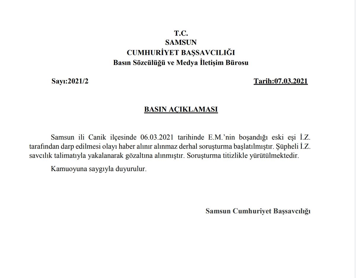 Samsun Cumhuriyet Başsavcılığının 07.03.2021 tarihli basın açıklaması: