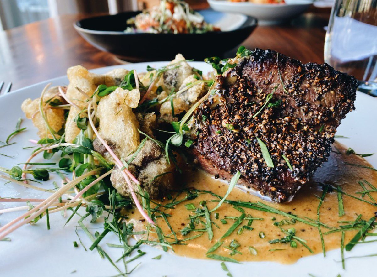 Saturday is for steak dinners 🥩 
Bistro Steak au poivre — fried button mushrooms, pickled red onion, &amp; bourbon cream sauce