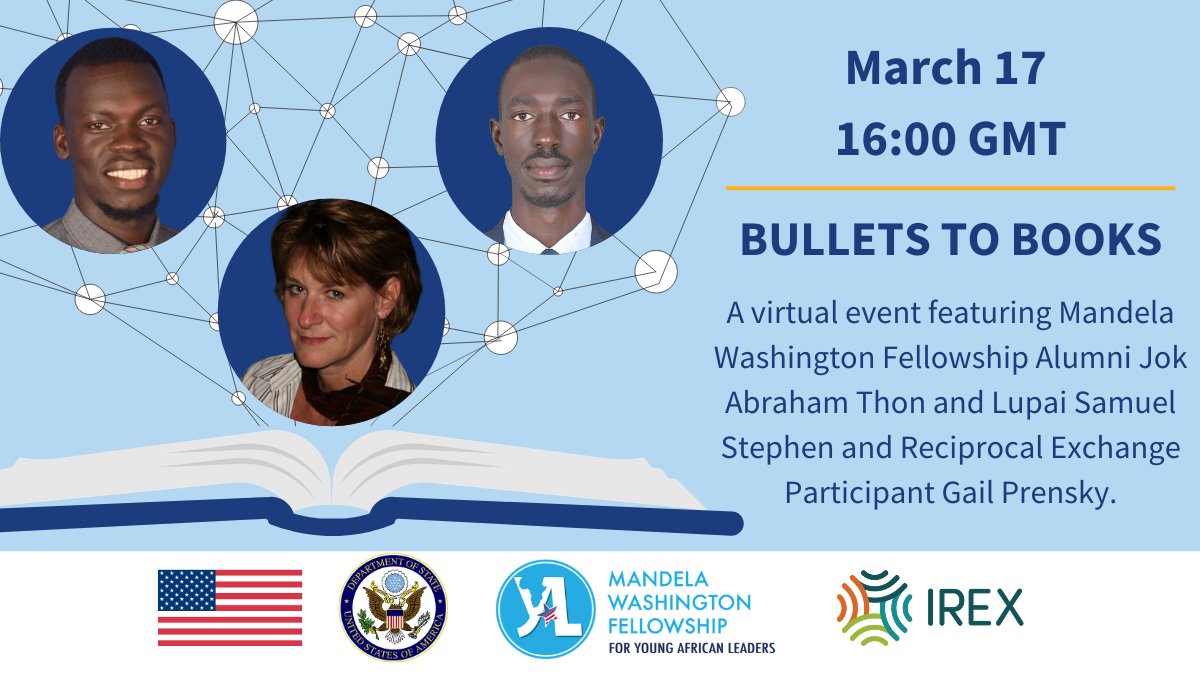 WashFellowship's tweet photo. Join us March 17 for the first American Impact Award event! This live discussion will explore Bullets to Books, which began as a #ReciprocalExchange project in South Sudan: https://t.co/ecxskkQopR @ECAatState @exchangealumni @USMissionJuba @YALINetwork https://t.co/V3TI5c3F5D
