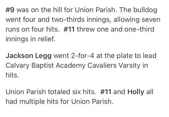 Got the W today against a scrappy Union Parish team! Freshman Landon Fontenot picks up his first career W on the mound. 

Jackson Legg 2-4, 2B, RBI
Lane Mangum 1-2, BB, 2 RBI
Cade Bedgood 1-2, RBI

Landon Fontenot W, 5 IP, 6 H, 0 R, 5K
Landon Smith 2 IP, 0 R, 2K
#WIT ⚾️💚💛