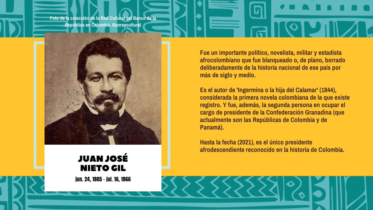 alteroteca's tweet photo. Es probable que muches no sepan este #datazo, pero Colombia tuvo un presidente afro, vé. 🙀💥 El único… hasta ahora.

#hagamosmemoria: su nombre es Juan José Nieto y, a pesar de que por mucho tiempo fue un personaje blanqueado, su historia ha logrado resistir a ese borramiento. https://t.co/EwewSZIMpo
