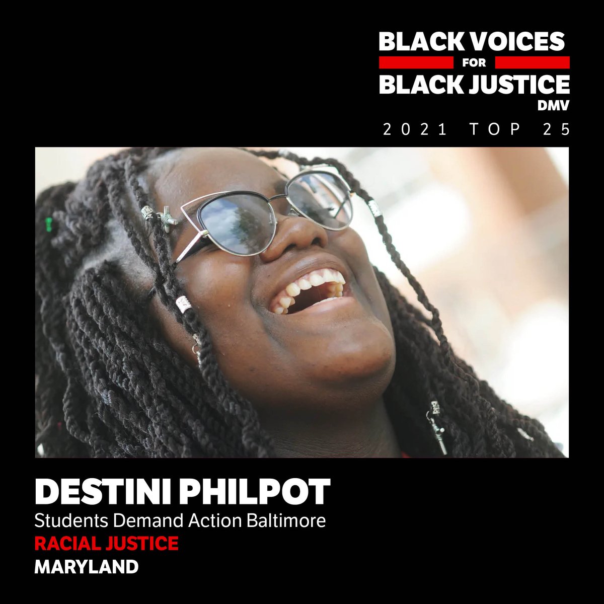 Congratulations Destini Philpot, you've earned a spot on the BVBJ Fellowship TOP 25 list! Philpot is a non-binary activist who co-founded Good Kids Mad City Baltimore, leads at Students Demand Action Baltimore and serves as youth ambassador with Baltimore Ceasefire 365.