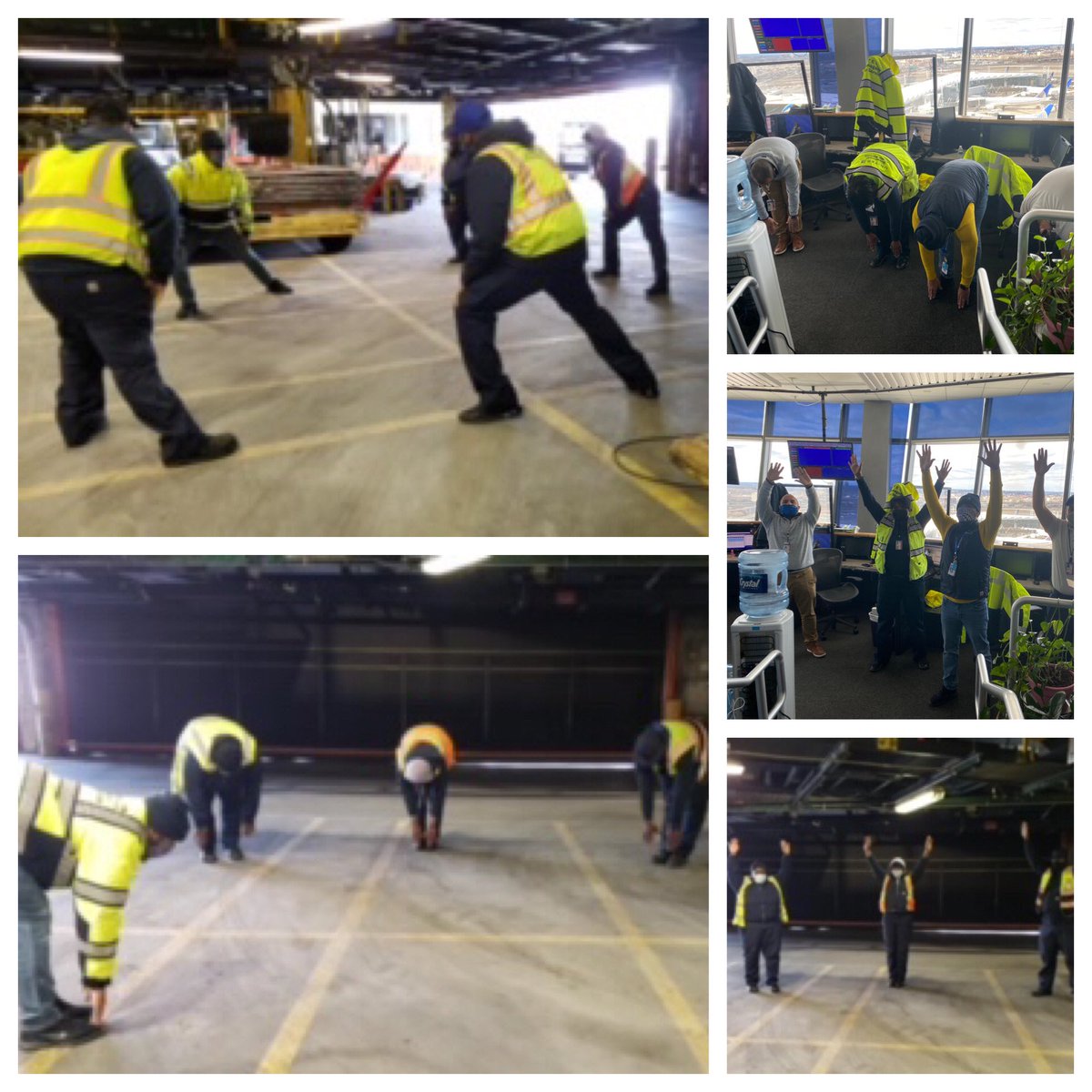 Team EWR pre-shift stretching sessions being conducted in bagroom and SOC tower. A family that “Stretch Together, Stay Safe Together.” @susannesworld @KellyTolbertUAL @CamachoN20 @AOSafetyUAL @AOQC_EWR #SafetyIOwnIt #beingunited