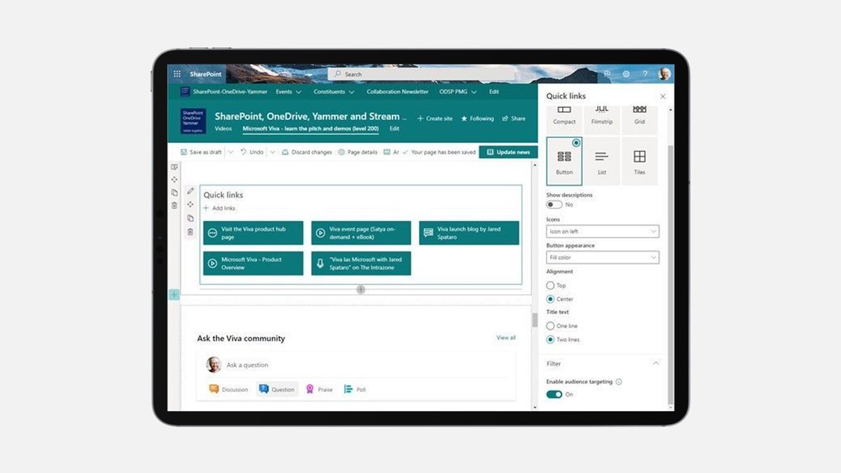 SharePoint's tweet photo. Catch up on the latest #SharePoint and #Microsoft365 news + updates in this SharePoint Roadmap Pitstop, covering:
- Web part toolbox, Lightbox for images, Audience Targeting for Quick Links web part
- Microsoft Viva
- Microsoft Lists
- More: https://t.co/wPrQZg1hcF https://t.co/KoLxdILMsB
