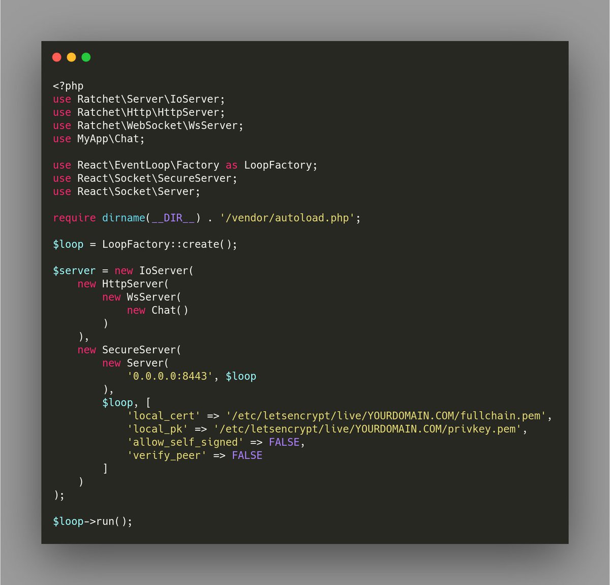 PhippsyTech's tweet photo. Here is how you make the demo #ratchetphp chat app work over SSL.
You'll need to run using sudo (or a privileged user) so #PHP can access the certs. https://t.co/7PIPfazffM
