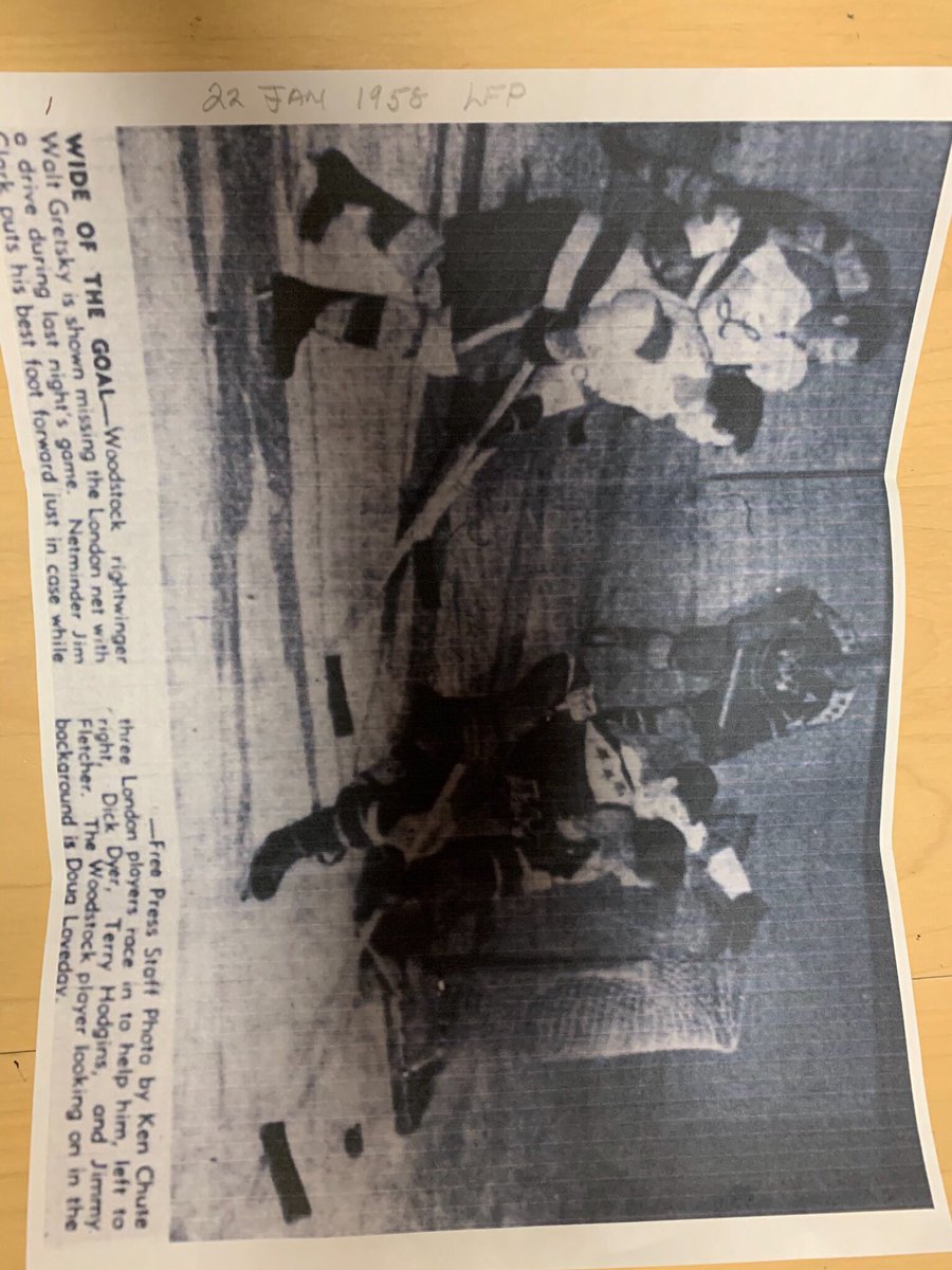 Clarky7292's tweet photo. Picture of my dad who’s the goalie playing for London and Walter Gretzky driving the net for Woodstock in  a Jr game in 1959. @WayneGretzky @GretzkySchool https://t.co/omfNrb8xOY