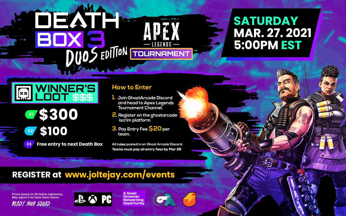 GhostArcade1's tweet image. Death Box 3 Duos Edition. Registration now open!⚡️  joltejay.com/events #deathbox #apexlegendstournament #esports #apexlegends
