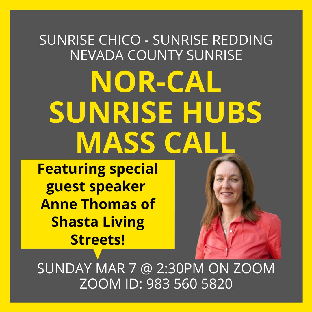 Just a reminder that TOMORROW is our Nor-Cal Hubs Mass Call, now featuring special guest speaker Anne Thomas of Shasta Living Streets! We’ll see you there! Zoom meeting ID: 983 560 5820 😙

@shastalivingsts @nevadacountysunrise @sunrisechico #norcal #reddingcalifornia