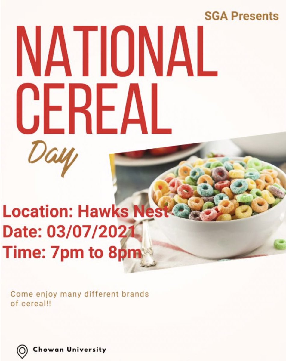 Hello CU Students! SGA will be having a cereal night tomorrow in the Hawks Nest <a href="/7PM/">Huong Le</a>!🥣😁