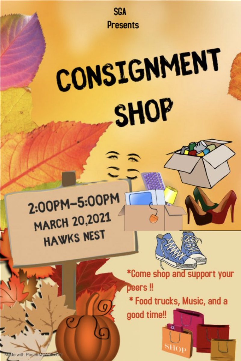 SGA will be having another consignment shop March 20th in the Helms Center from 2-5PM!👀🛍🛒