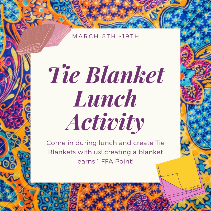 a blanket for animals in need, Come over to Ms.Mcmaster's Classroom to make Tie Blankets for an animal in need! creating a tie blanket will give you 1 FFA Point. We hope to see you there! #deltacharterffa #striveforsuccess