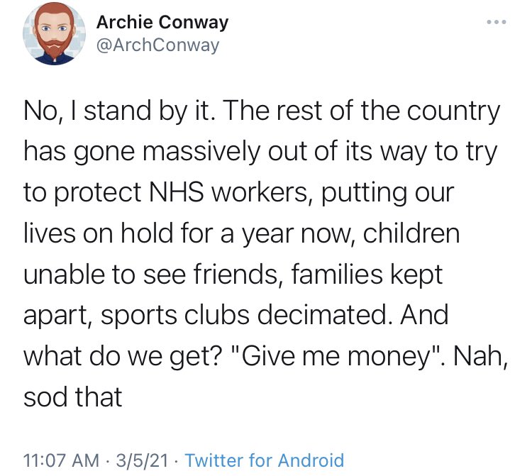 Fudgel11's tweet photo. #cuntalert - according to Archie, not spreading the virus was payback enough for NHS working 14hr shifts saving lives while wearing bin bags.

His bean brain is fizzing that anyone would expect more than a hand clap for this. https://t.co/o9twQUv7Dv