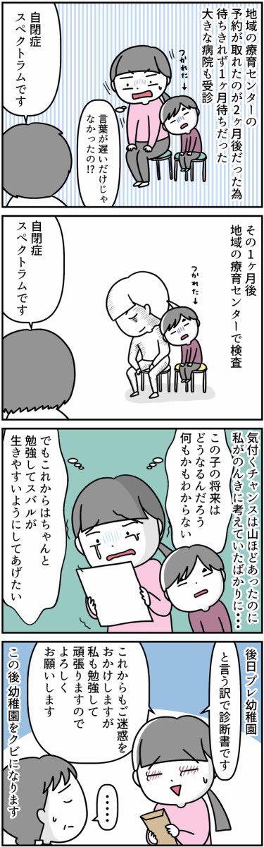 #漫画が読めるハッシュタグ 
#自閉症スペクトラム 
#発達検査 #特別支援学級
自閉症が分かった時の話2/4 