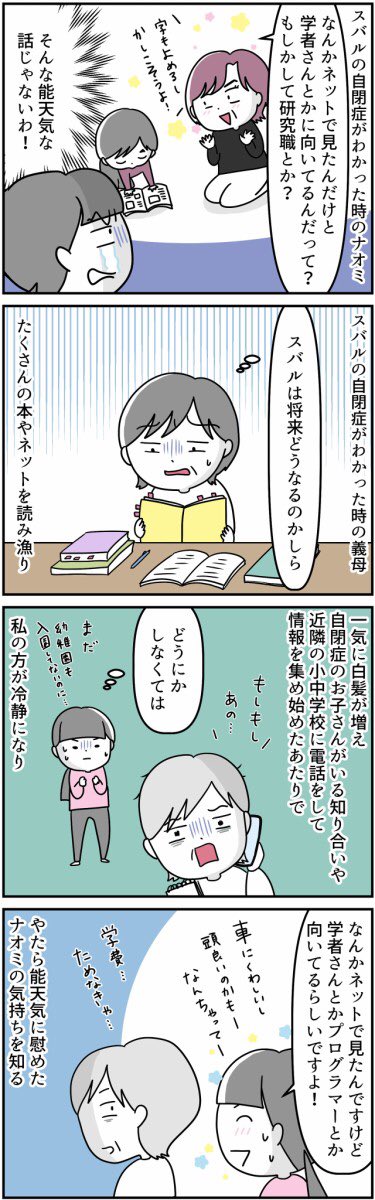 #漫画が読めるハッシュタグ 
#自閉症スペクトラム 
#発達検査 #特別支援学級
自閉症が分かった時の話4/4
自閉症が分かった時の義母 