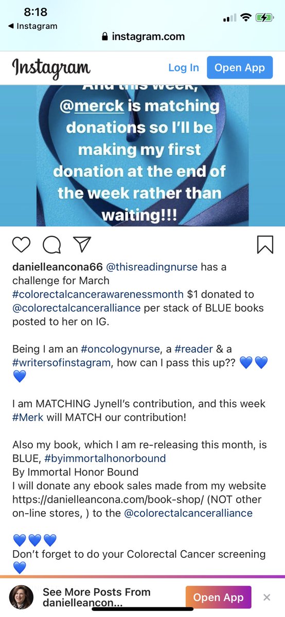 AnconaDanielle's tweet photo. @thisreadingnurse on IG #ColorectalCancerAwarenessMonth sheโll donate $1 per stack of BLUE books to @CCAlliance, up to $100.
Me, #OncRN, #Writer, will MATCH her. This week @Merck will MATCH us.
I will also donate March E-Book sales $ from my website https://t.co/uN7vyDb30u๐ https://t.co/P1luSfHSCy