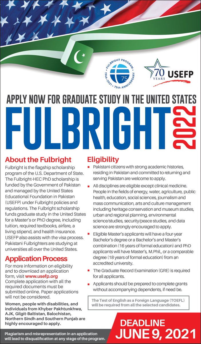 USEFP's tweet photo. #USEFP announces the 2022 #Fulbright Student (Master’s and PhD) Program. The Program fully funds graduate degree study, including tuition, maintenance, insurance, and air travel.
Application deadline: June 9, 2021.
For application form and details, visit: https://t.co/zFqkRkjtDy https://t.co/7gsrWqRYnI