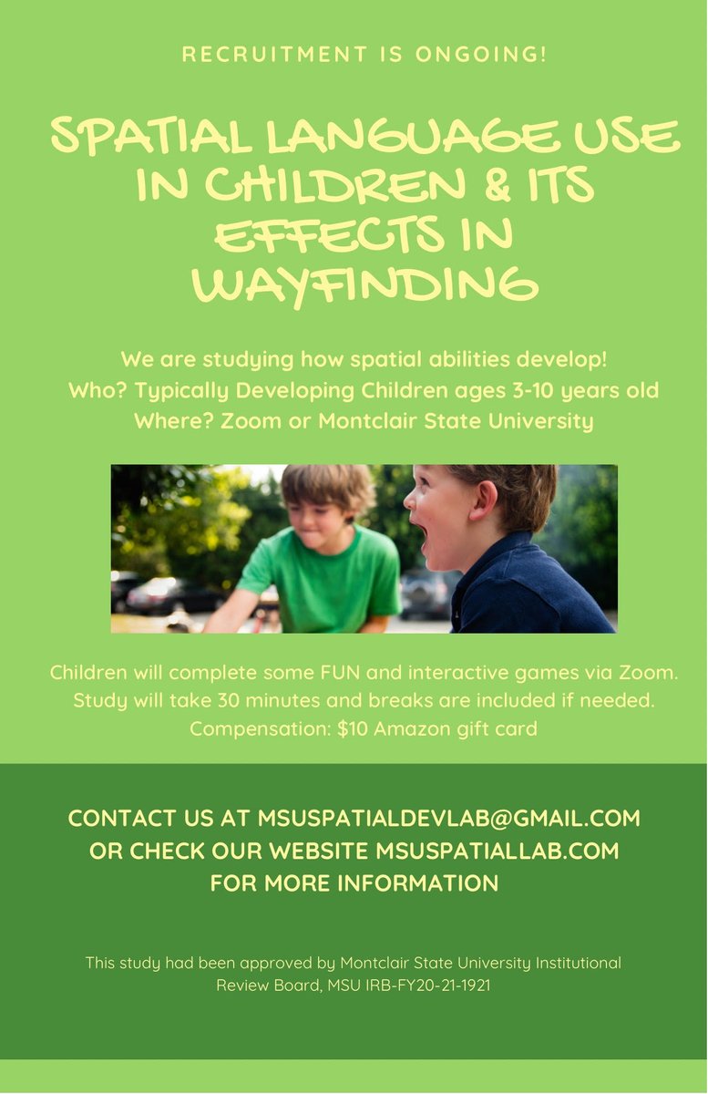 SpatialLab's tweet image. 🌟We have another PAID study going on! We are researching spatial language use in children and it's effects in wayfinding! We are currently recruiting participants ages 3-10 years old. Please email msuspatialdevlab@gmail.com if you are interested! 🌟