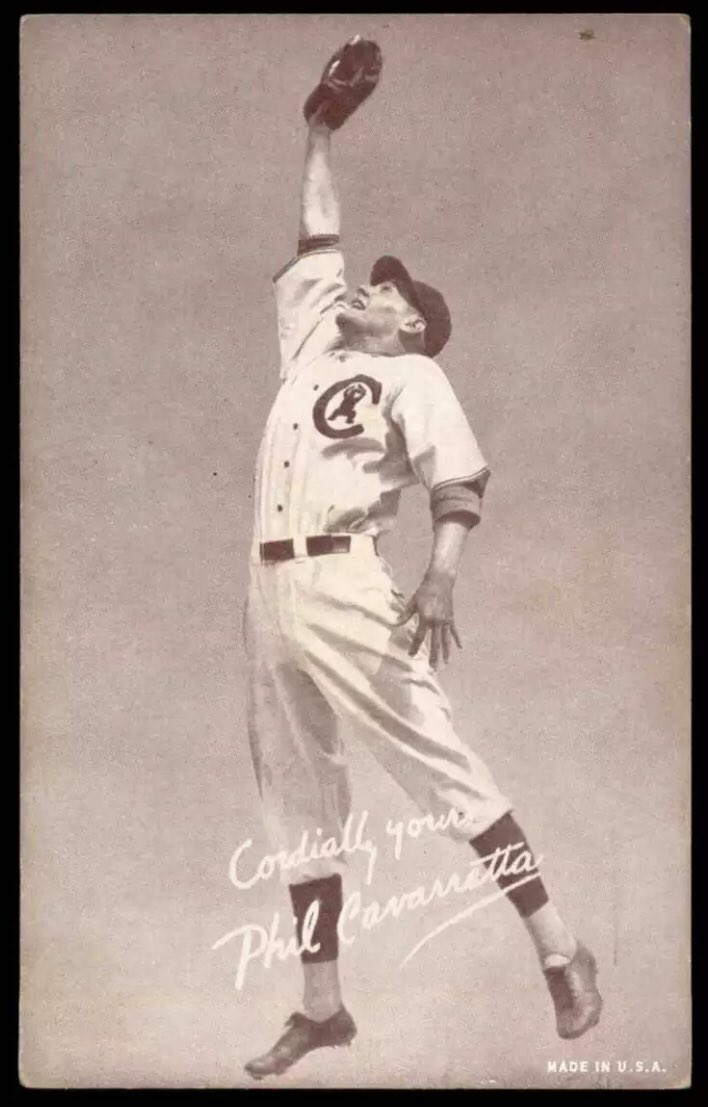 CardboardHistry's tweet photo. Great pic of 1945 #NLMVP & 4x All⭐️ (‘44-47) 1B/OF for #Cubs who won ‘45 NL batting 👑 (.355). His 20 seasons played w/ Cubbies is 2nd only to Cap Anson. Hit .293 over 22-yr career. But I bought the ‘39-46 #ExhibitCard ($2.50!) more for the great logo than the great player!😍👍 https://t.co/x7sDjyjsXg