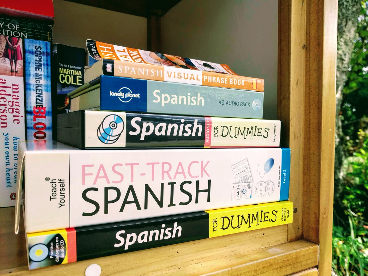 TeHenuiLibrary's tweet photo. Hola! We might not be able to travel on far-flung adventures at the moment, but we can prepare. Spanish language resources are free in the little free library now!  🤔💭✈️💃

#littlefreelibrary #newplymouth #communitysharing #freebooks #thankyou! https://t.co/sQQEsbebuH